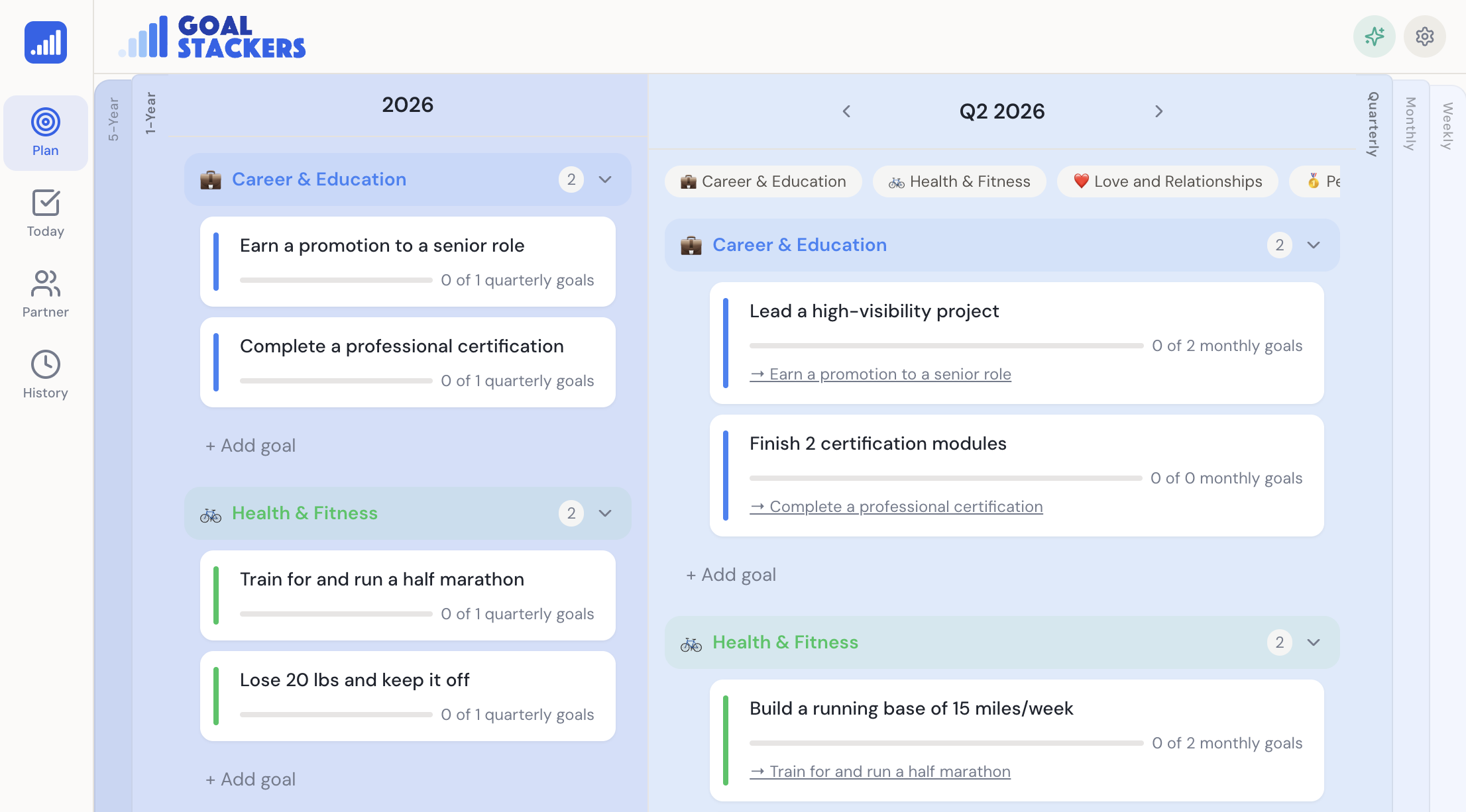 GoalStackers — stack your goals from a five-year vision down to today's to-dos with an accountability partner