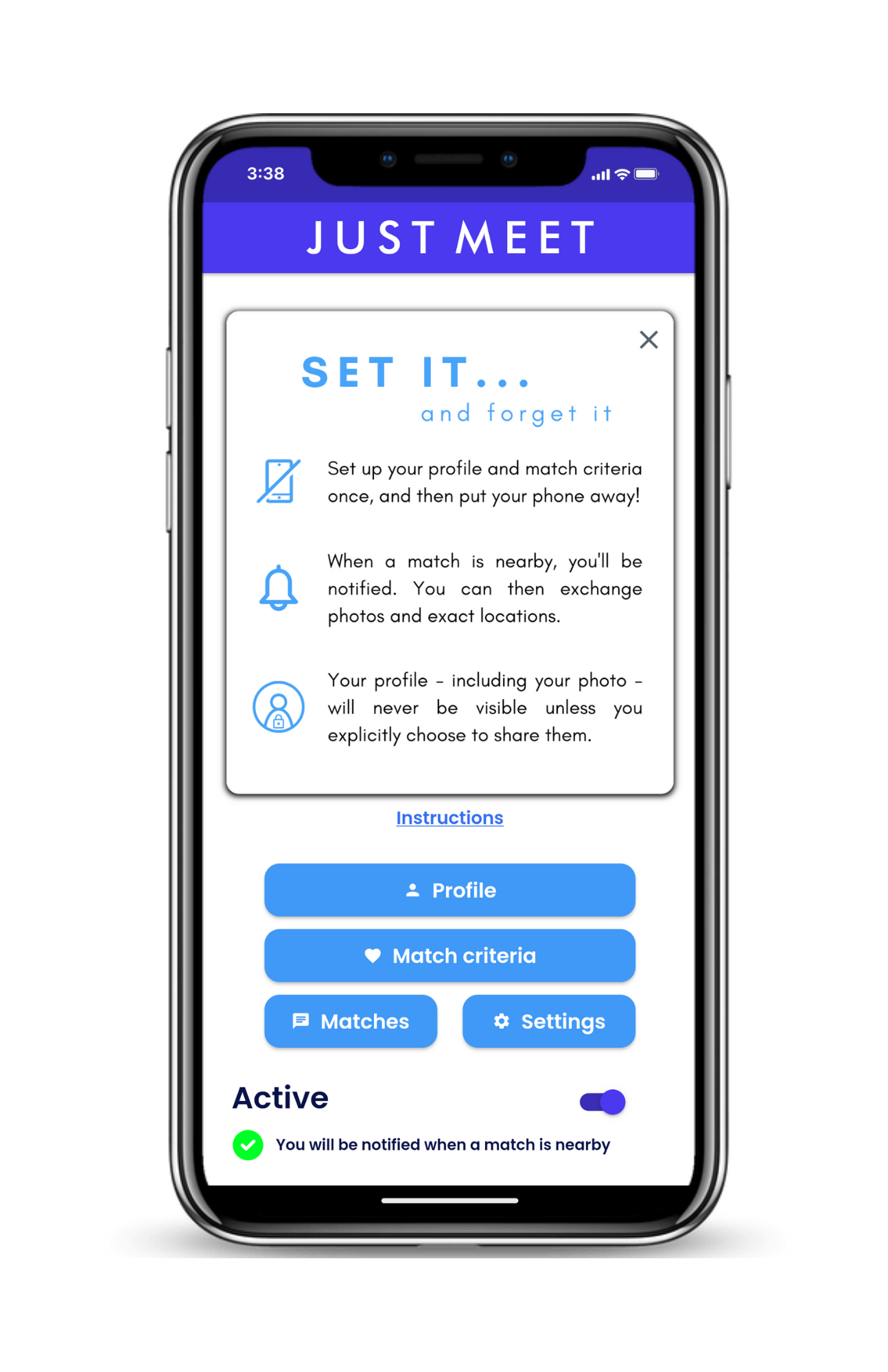 Just Meet — set your match criteria once and get notified when a match is nearby